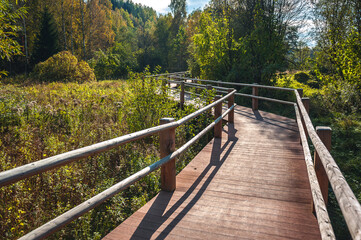 Boardwalk path through wetlands area. Woodpath in Cirulisi Nature Trails. Fall. Autumn landscape. Latvia.