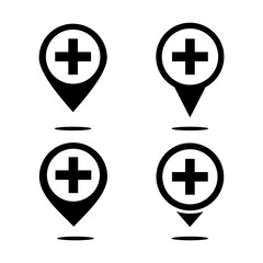 Set of map pointer with plus icon. 
Hospital place. Healthcare guide pin location. Illustration vector