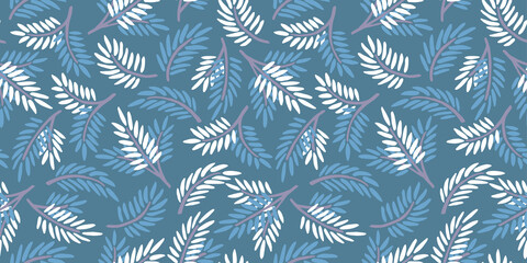 Christmas seamless pattern. Hand-drawn fir branches on a blue background. Cute flat illustration. Simple ornament for fabric, postcard, banner, wrapping paper.