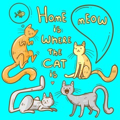 Set with  cute cartoon  cats.  Funny doodle kitten collection. Vector colorful doodle image. Playful animal print.