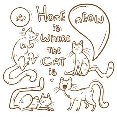 Set with  cute cartoon  cats.  Funny doodle kitten collection. Vector contour image. Playful animal print.