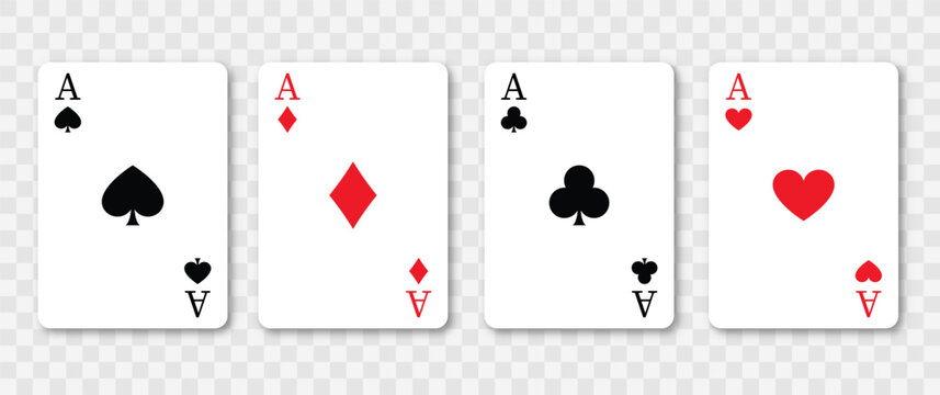 Set of vector playing card. Colection of four aces. Poker playing cards isolated on transparent background. Vector illustration, eps10.