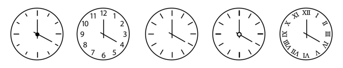 Clock and time outline icon. Set of clock icon isolated. Horizontal clocks vector symbol on white background. Circle, figures and arrow icon. Vector illustration.