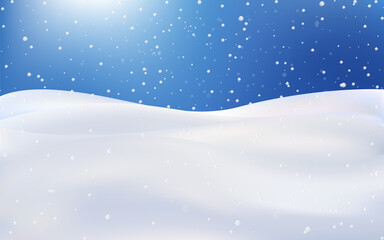 Snow landscape, Christmas wallpaper with falling snowflakes in a realistic style. Premium vector illustration.