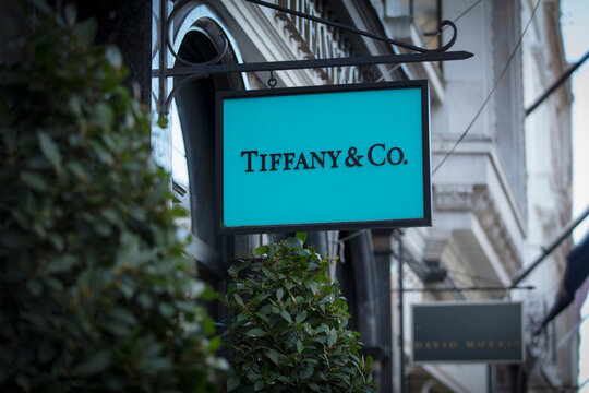 London, Greater London, United Kingdom, 7th February 2018, A sign and logo for Bond Street Tiffany & Co