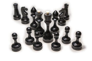 Wooden chess pieces. Black king Queen surrounded by her large retinue, complete set of black side chess game