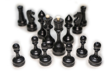 Wooden chess pieces. Black king Queen surrounded by her large retinue, complete set of black side chess game