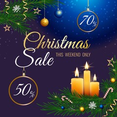 Merry Christmas and Happy New Year Sale banner. Holiday blue night background with realistic burning candles, fir branches, Christmas balls, baubles, golden serpentine, snowflake vector illustration.