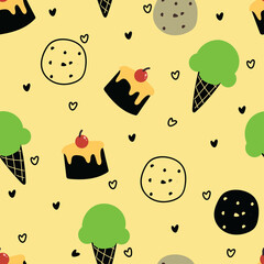 Seamless pattern with cartoon dessert. for fabric print, textile, gift wrapping paper. colorful vector for kids, flat style