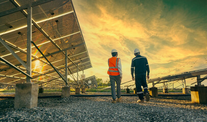 Low angle view of technician walks with investor through field of solar panels, Alternative energy...