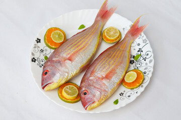 Close up view of fresh Pink Perch (thread finned Bream) Decorated with lemon slice,Orange slice and curry leaves on a white plate,White Background,Selective focus.