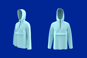 Men's hooded jacket with half zip for your design mockup for print, isolated on white background, 3d rendering, 3d illustration