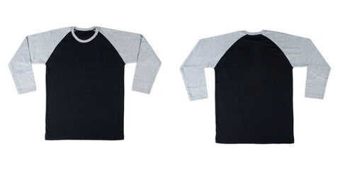 Men's slim-fitting long sleeve baseball shirt. Blank Mock-up design template for branding. Long sleeve blank two colored t-shirt template. Front and back view, isolated on white background.