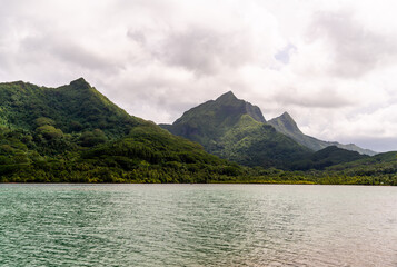 lake in the mountains in tropical island in the ocean 