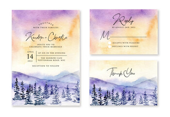 wedding invitation set with winter landscape watercolor background