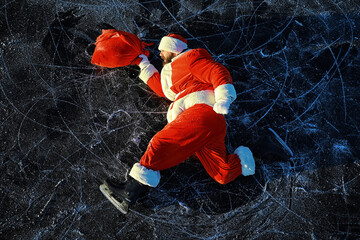 Santa Claus hurries to meet the New Year with gifts and Christmas tree. Santa Claus on ice skates...