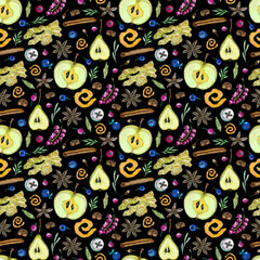 Seamless pattern with ingredients for hot winter drinks such as grog, punch, mulled wine