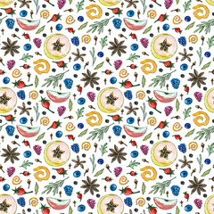Naklejka premium Seamless pattern with ingredients for hot winter drinks such as grog, punch, mulled wine