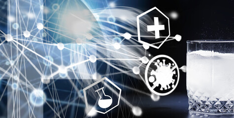 Water soluble tablets. The medicine is soluble. Anti-hangover. Effervescent tablets in a glass.