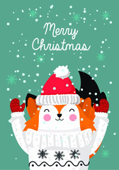 Merry Christmas With Cute Animal Post Card Vector