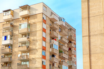 Soviet Modernism Building . Residential house with balcony 