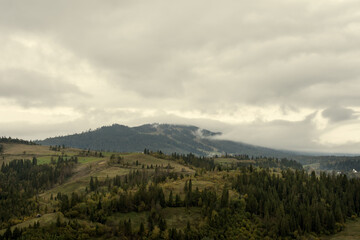 Beautiful mountain landscape with low clouds and morning fog. The Carpathians. Ukraine.