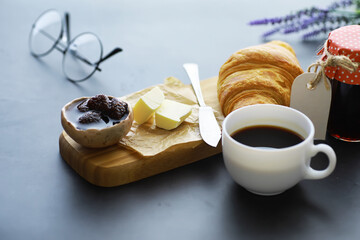 Fresh pastries on the table. French flavored croissant.