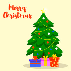 Christmas illustration with a decorated fir tree, toys and lettering. Happy New Year and Christmas. Vector illustration in a flat style.