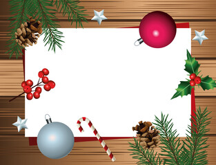 happy merry christmas card with leafs and balls in wooden background