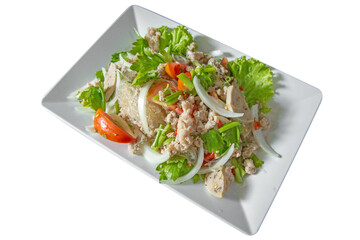 Spicy Glass Noodle Salad with Minced Pork and Vietnamese Sausage on white background.