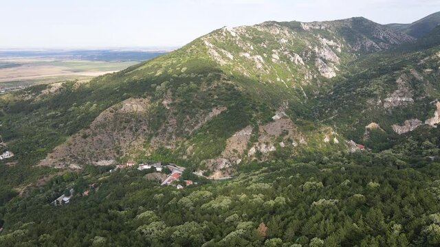 Aerial view of Anathema hill at Rhodope Mountains near town of Asenovgrad, Plovdiv Region, Bulgaria