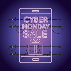 cyber monday sale neon light with smartphone