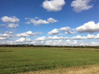 Weite Landschaft mit Wolken im Park links der Weser in Bremen 