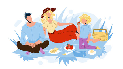 Family Picnic Man, Woman And Girl In Nature Vector