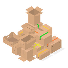 Bunch of 3D cardboard boxes, vector illustration.