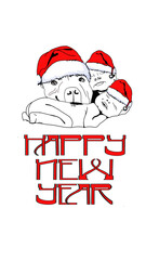 Postcard coloring Happy New Year. A child and a dog in a New Year's hat. Congratulations. Stylish illustration with New Year's greetings. Typography and creative lettering. Cartoon character. Print