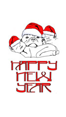 Postcard coloring Happy New Year. A child and a dog in a New Year's hat. Congratulations. Stylish illustration with New Year's greetings. Typography and creative lettering. Cartoon character. Print