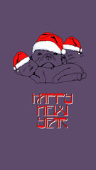 Postcard coloring Happy New Year. A child and a dog in a New Year's hat. Congratulations. Stylish illustration with New Year's greetings. Typography and creative lettering. Cartoon character. Print