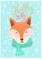flat cute christmas vector sign and symbol postcard background with cute fox wearing scarf. christmas festive texture greetings card background. winter holiday background. 