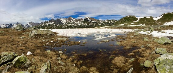 View of a frozen  mountain lake in Formazza valley, Italy