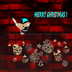 Merry Christmas and Happy New Year greeting card. Sparrow bird in a New Year's hat. New Year's toys. Lettering. Stylish illustration with New Year's greetings.
Congratulations typography and lettering