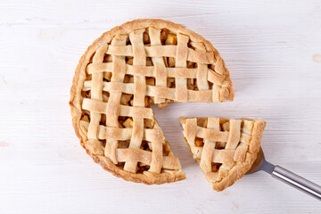 Traditional American Thanks Giving lattice pie isolated on white background. Homemade fruit tart...