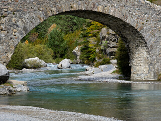 San Nicolás de Bujaruelo Romanesque Bridge, in the Bujaruelo Valley, Aragonese Pyrenees, Spain