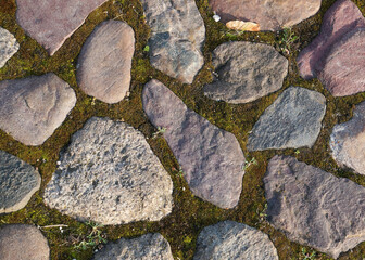 Stone and moss texture or background. Multicolored granite cobblestones of irregular shape. Close up top view of an old paved sidewalk in soft evening light
