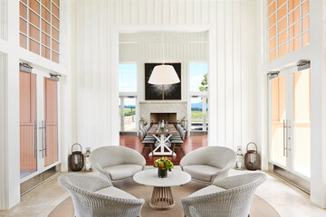 Conference room and fireplace at a luxury resort