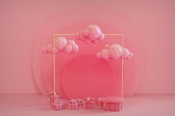 Cloud with gift box rain on pastel pink background. Creative idea. Minimal concept. 3d rendering