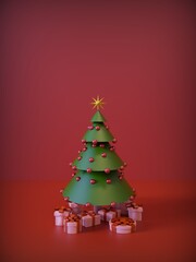 3d Render. Christmas tree with yellow star 3d rendering isolated on red background