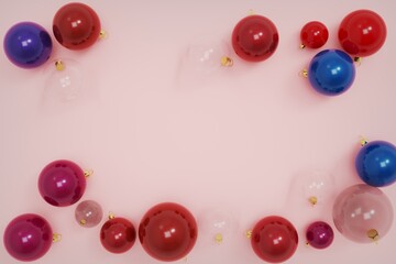 3d Render. Festive frame made of christmas balls and sequins on pink table top view. Fashion Party mockup.
