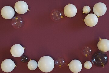 3d Render. Festive frame made of christmas balls and sequins on pink table top view. Fashion Party mockup.