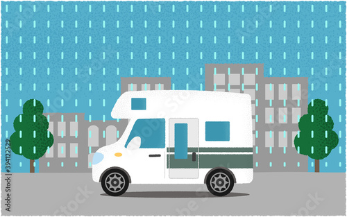 雨の中 都市の道路を進む白いキャンピングカーのベクターイラスト Wall Mural Icim